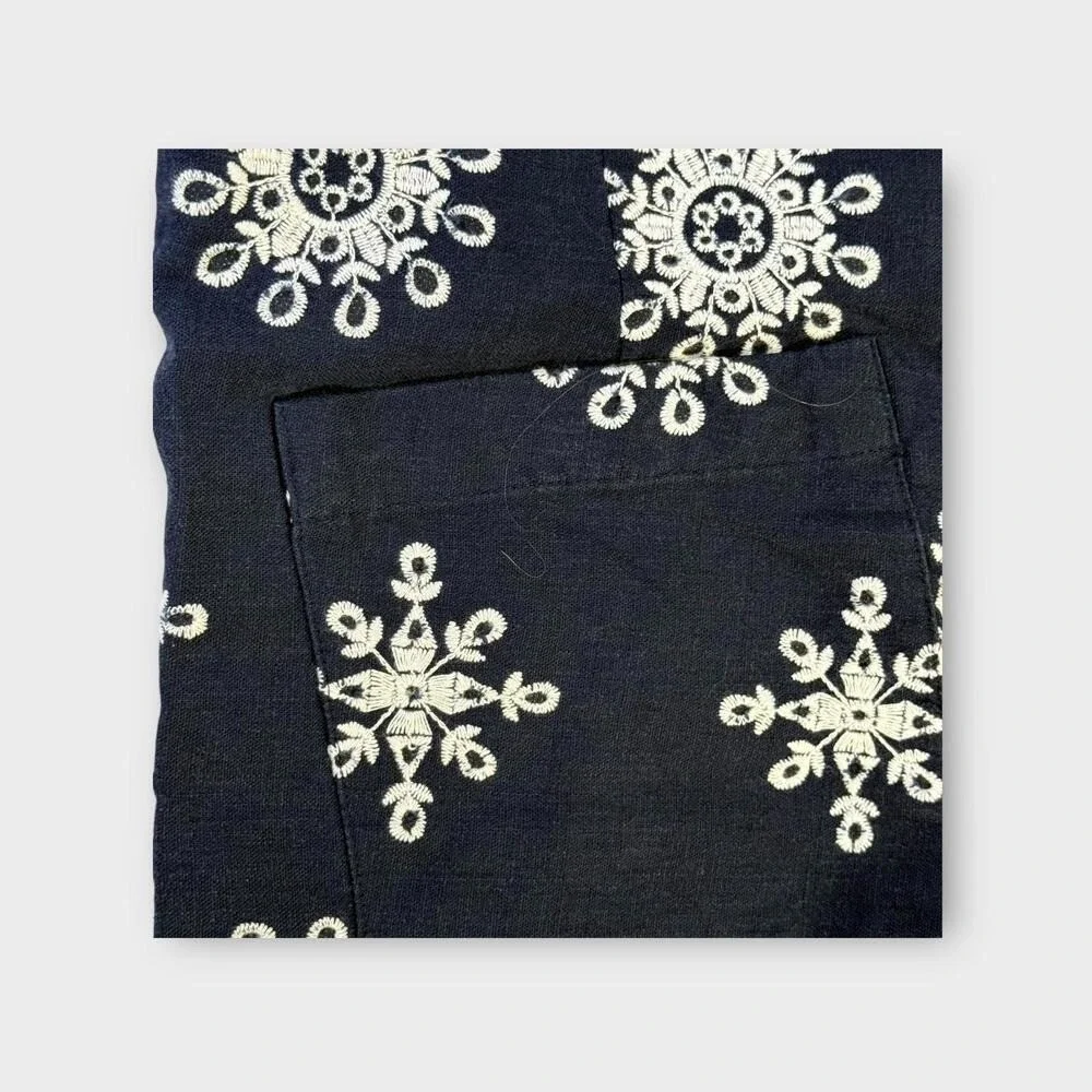 ZARA‎ WOMAN HIGH-WAIST WIDE-LEG EMBROIDERED CULOTTES PANT NAVY BLUE  S XS 28